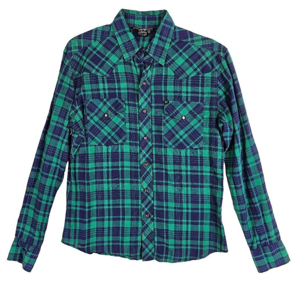 Salt Valley Western Men's Button Up Plaid Green Blue S